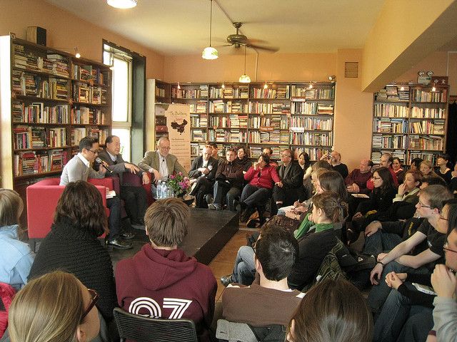 Mo Yan and Chinese literature translator Howard Goldblatt speak at a literary festival.