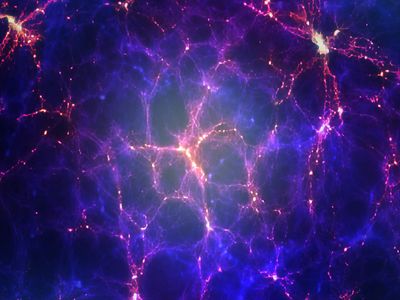 An impression of the large-scale structure of the universe, showing galaxy clusters and superclusters arranged in long filaments and concentrated at nodes.