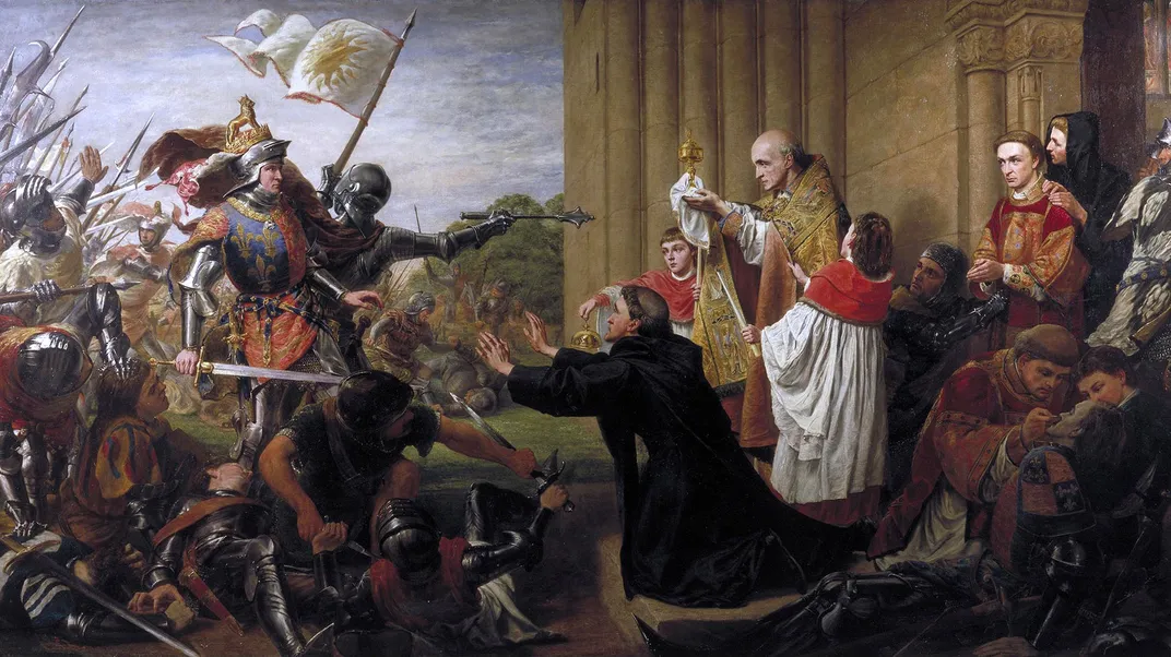 An 1867 painting of a priest urging Edward IV and his Yorkist troops to stop pursuing their Lancastrian enemies, who took sanctuary in Tewkesbury Abbey