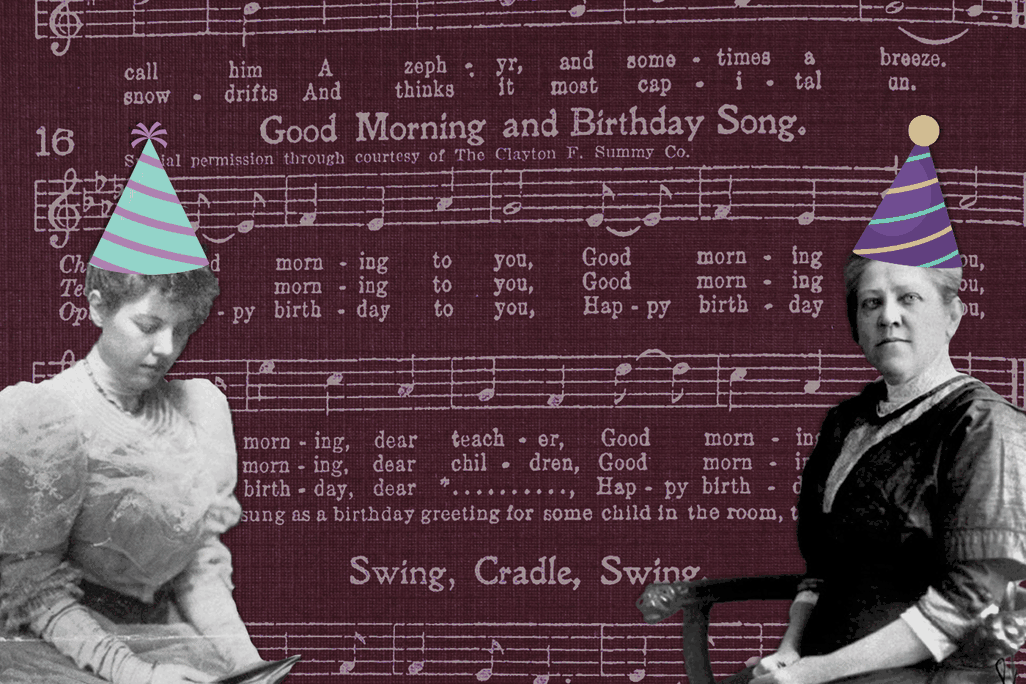 GIF illustration of Mildred and Patty Hill, wearing birthday hats in front of a copy of their composition
