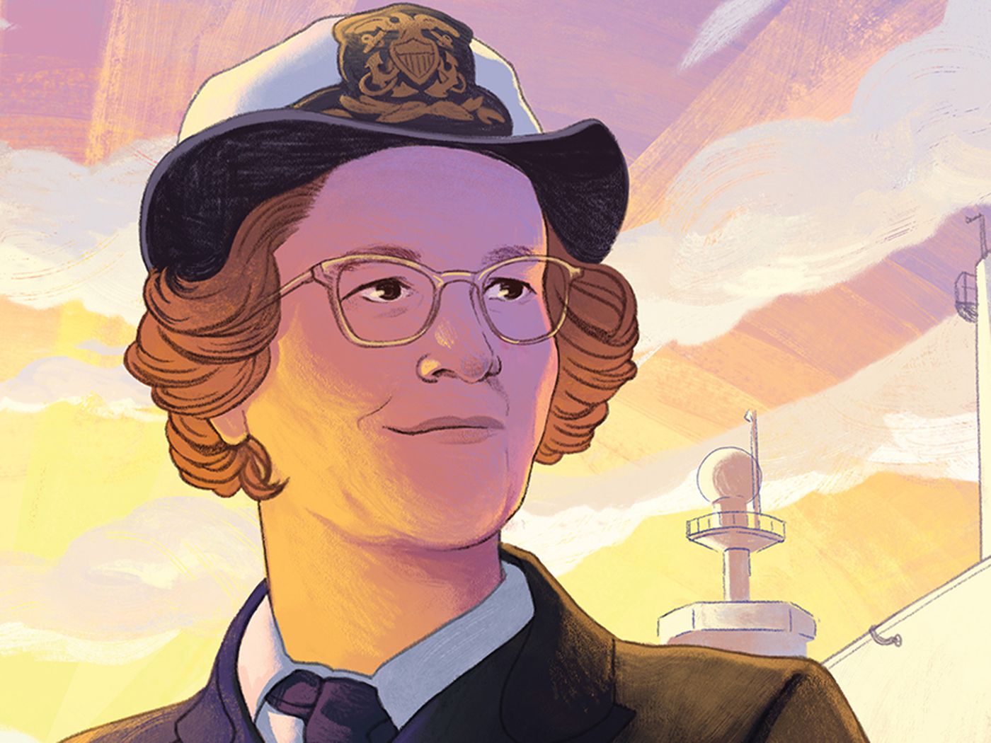 an illustration depicting a woman naval officer in uniform holding a folder of paperwork with the setting sun and naval ship on the water behind her