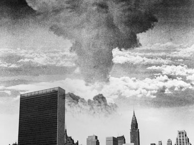 A historical altered photo showing a mushroom cloud over the United Nations and New York City waterfront
