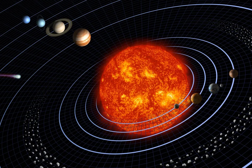 the sun with each of the planets, Earth's moon, the asteroid belt, pluto and a comet all around