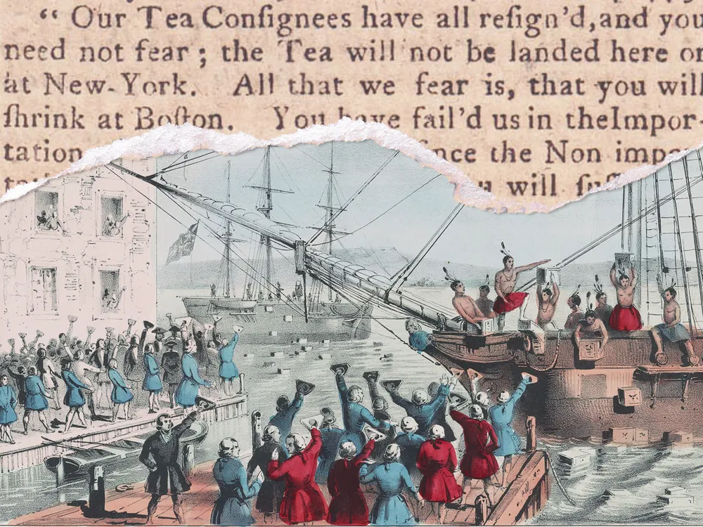 Illustration of the Boston Tea Party, with text from a Patriot overlaid on top