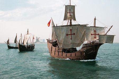 Replicas of the Nina, Pinta and Santa Maria sail Past Cape Canaveral in 1992 
