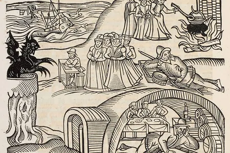 An illustration from Newes From Scotland (1591), a pamphlet that publicized ongoing witch trials in North Berwick, Scotland, across Europe. Groups of accused women are depicted brewing spells to thwart James VI's ship (upper left), and a local schoolmaster is shown taking notes from the devil.&nbsp;