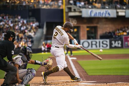 Xander Bogaerts hits his first home run with his new team, the San Diego Padres, at Petco Park in San Diego on April 1, 2023.&nbsp;