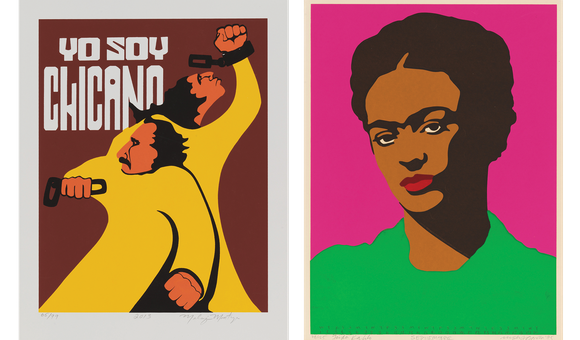 LEFT: Malaquias Montoya, Yo Soy Chicano, 1972 (reprinted in collaboration with Dignidad Rebelde, 2013). Gift of Gilberto Cárdenas and Dolores García © 1972, Malaquias Montoya (2019.51.1)
RIGHT: Rupert García, Frida Kahlo (September), ​​​​​from Galería de la Raza 1975 Calendario, 1975.
Gift of the Margaret Terrazas Santos Collection, Smithsonian American Art Museum © 1975, Rupert García (2019.52.19)