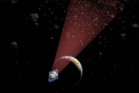 An artist&#39;s illustration shows the James Webb Space Telescope peering out into the solar system toward the asteroid belt.