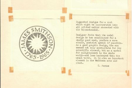 Crimilda Pontes created several designs for the James Smithson Bicentennial in 1965, including what would become the Institution's signature sunburst. (Smithsonian Archives, Acc. 89-024, Box 4., Smithsonian Institution Archives)