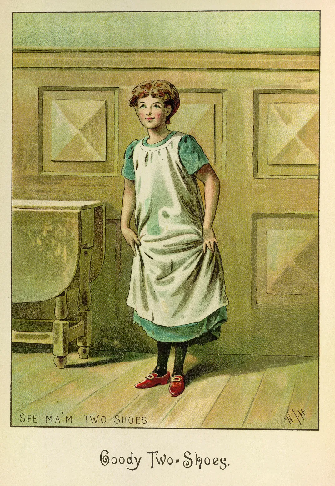 an illustrated page from a children's book of a young girl wearing red shoes