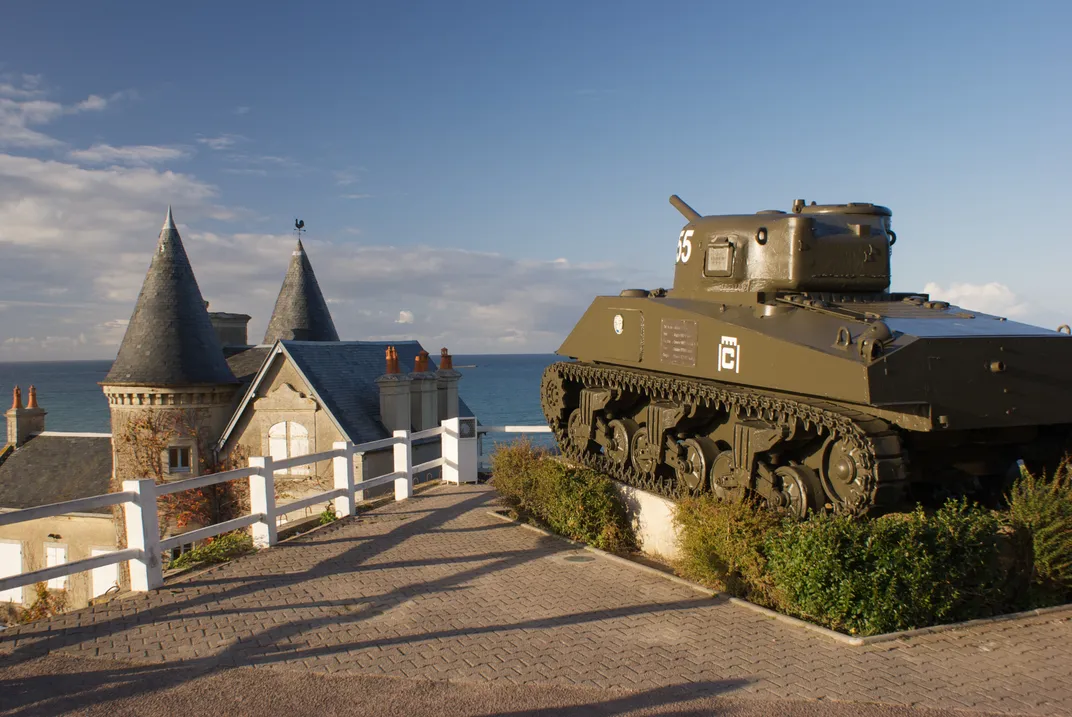 Sherman tank along the Normandy coastline