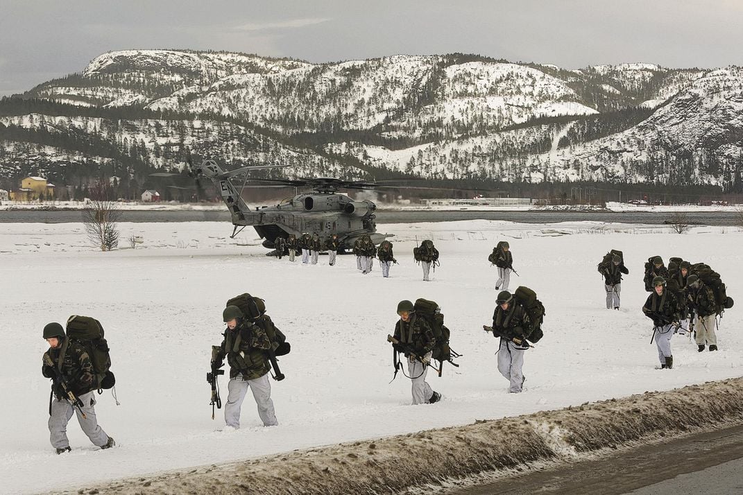 Norwegian soldiers, U.S. Marines, and Dutch and British commandos