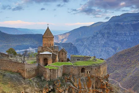 The Tatev Monastery sits perched on a cliff above Vorotan Gorge, Armenia's largest gorge.