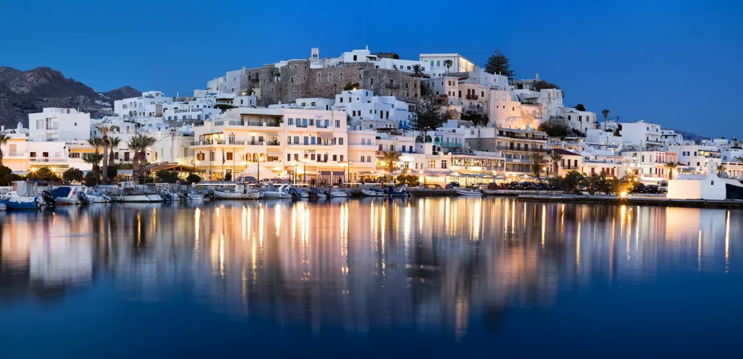 The Chora, or Old Town, of Naxos with fort on the hillside