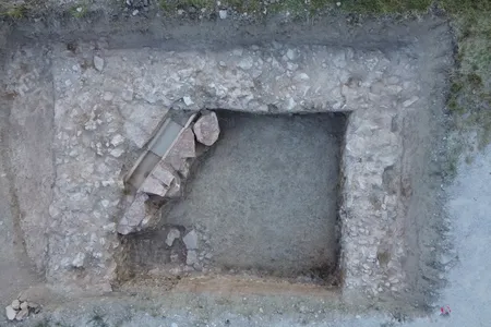 An aerial view of the temple walls unearthed north of Rome