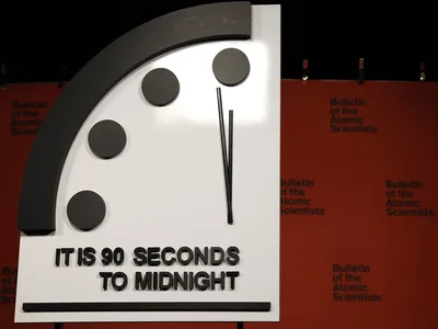 The 2023 Doomsday Clock on display before a Bulletin of the Atomic Scientists event on January 24, 2023. The Bulletin has been setting the clock since 1947 based on analysis of threats facing humans from technologies people have made.&nbsp;