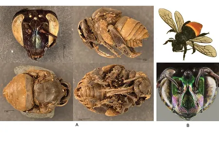 Bees from the nest structures: A) Head, side, top and bottom views of bees found inside the cells, B) drawing of Eufriesea surinamensis and photograph of the head of a modern bee taken by David Roubik