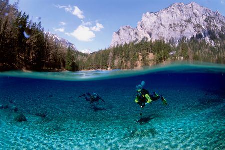 Scuba divers abound at the lake during spring and summer, but during fall and winter the lake is a hiker's paradise instead. 