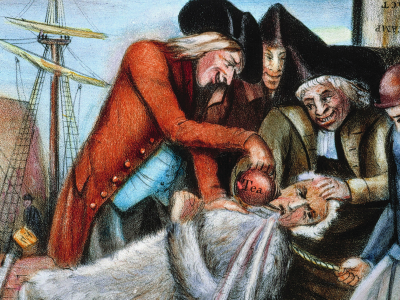 An artist's depiction of the tarring and feathering of loyalist John Malcom in Boston.