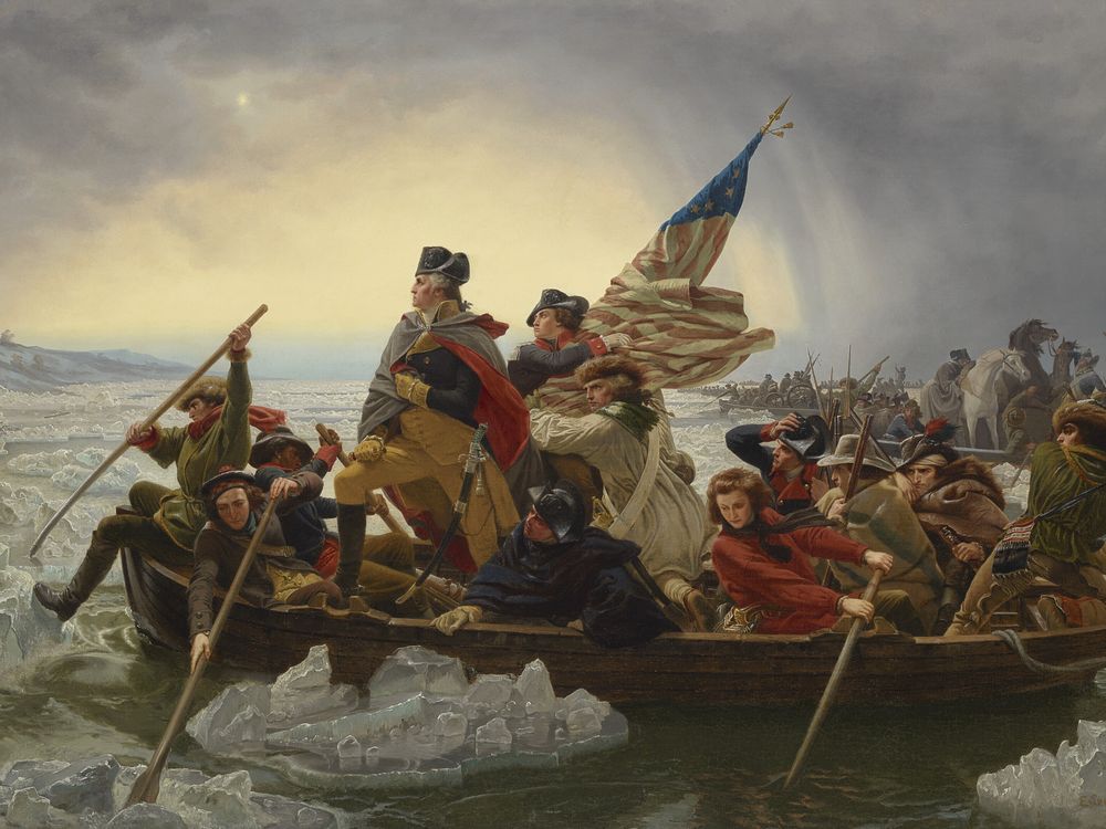 Painting depicting George Washington and a group of men crossing the half-frozen Delaware River