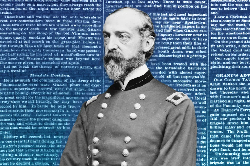 Illustration of George G. Meade in front of a newspaper article critical of his actions
