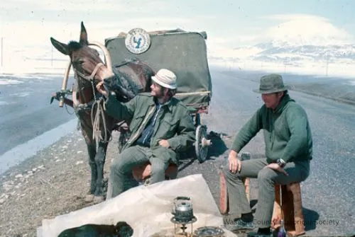 John (left), David (right) and their mule rest in Turkey in April 1972.