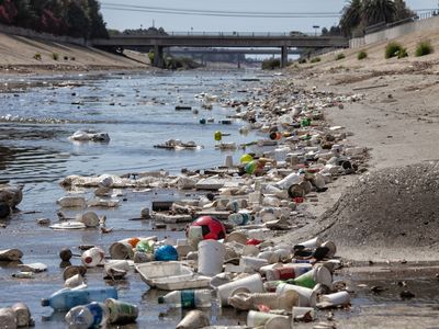 Large amounts of plastic trash accumulated in Ballona Creek in Culver City, California.