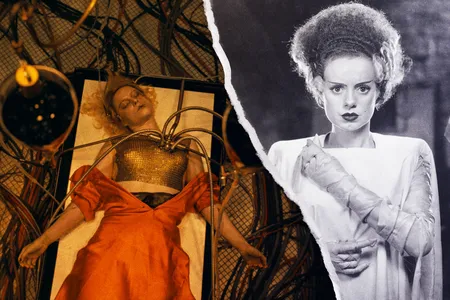 Jessie Buckley in&nbsp;The Bride!&nbsp;(left) and Elsa Lanchester in&nbsp;Bride of Frankenstein&nbsp;(right)