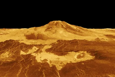 A computer-generated three-dimensional image of Maat Mons, the tallest volcano on Venus, from NASA's Magellan mission