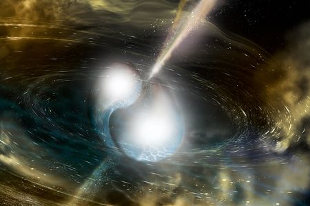 An illustration of two neutron stars merging, ejecting gamma ray streams and clouds of matter that produce heavy elements and light