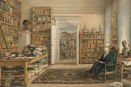 In the U.S., although Humboldt’s name has vanished, his ideas have not (above: Humboldt in His Library (detail) by Eduard Hildebrandt, 1856).
