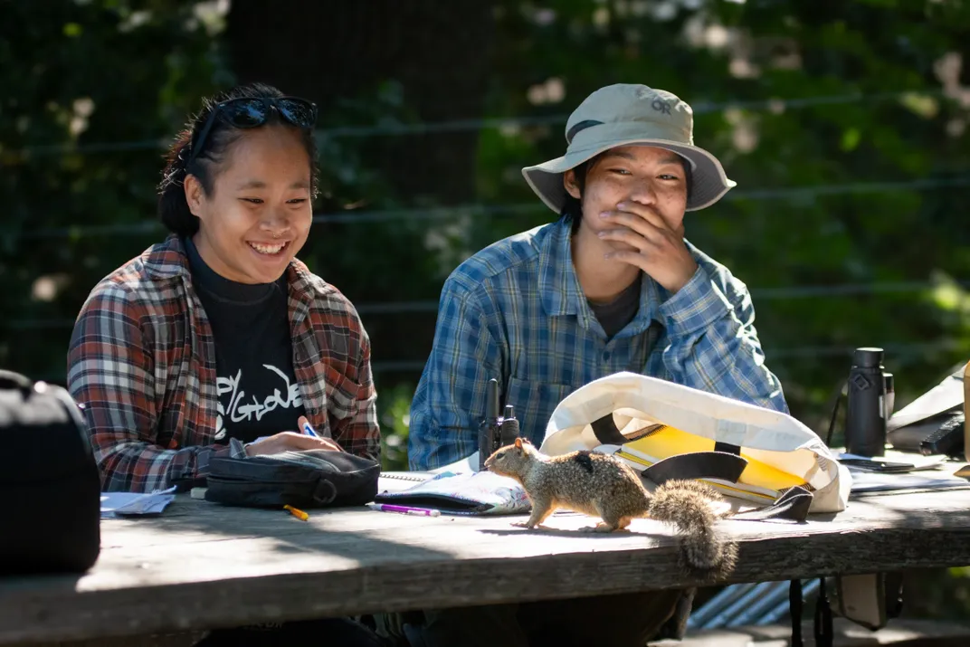 two people look at a squirrel on a picnic table