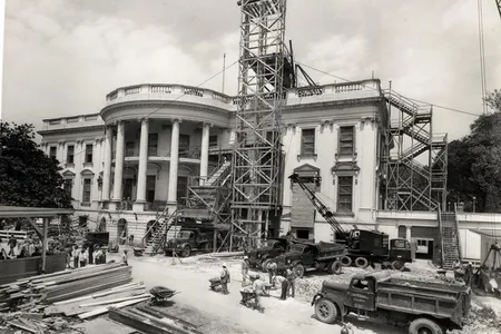 The South Portico of the White House, around 1950, during Truman's rennovation