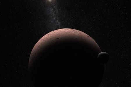 This artist's concept shows the distant dwarf planet Makemake and its newly discovered moon. Makemake and its moon, nicknamed MK 2, are more than 50 times farther away than Earth is from the sun.