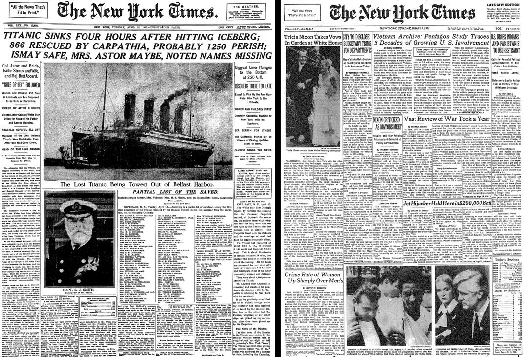 The April 16, 1912, front page of the Times (left) and the June 13, 1971, front page (right)