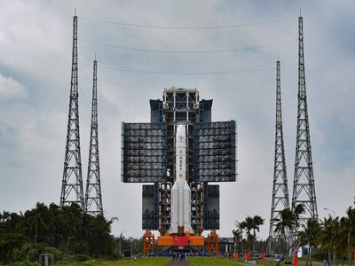 A Long March rocket sits ready on the pad at China's Wenchang spaceport to launch the country's next moon lander.