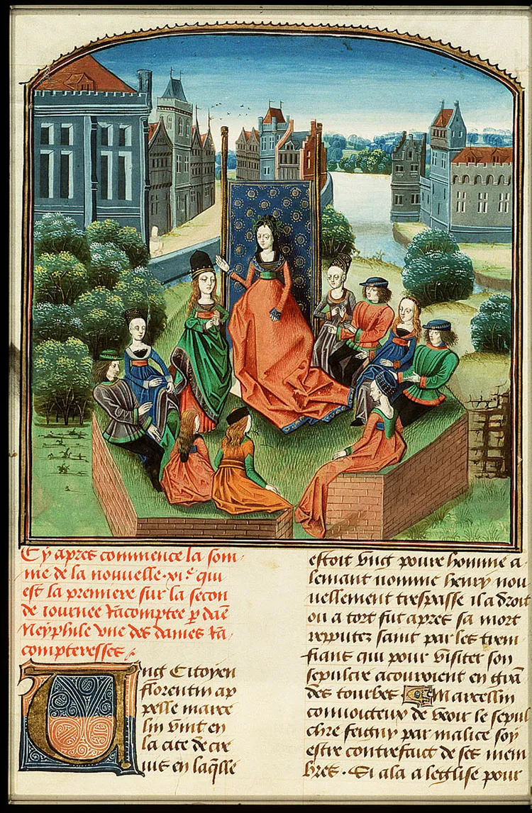 A 1485 illustration of Filomena, queen of the second day, and her companions listening to Neifile's tale