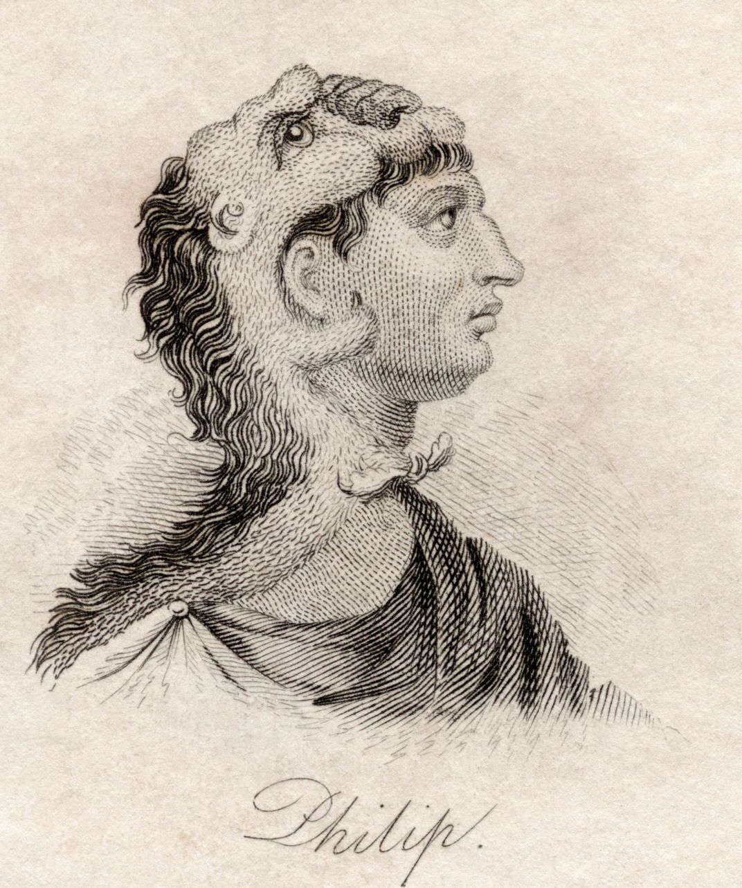 Philip, who was legendary for his courage in battle, wears a lionskin headdress in an illustration from the 1800s. Ancient Macedonians prized the big-cat hunt and regarded a lion pelt as a symbol of fearlessness.