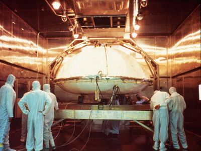 A Viking lander of the 1970s being prepared for sterilization in an oven. 