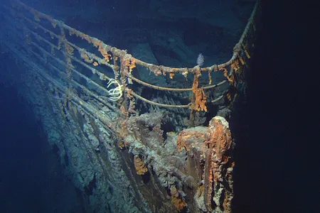 View of the bow of the R.M.S. Titanic, as photographed by an ROV in June 2004