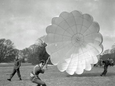 Polish paratroopers learn the fine points of landing during training near Fife, Scotland, in 1942.