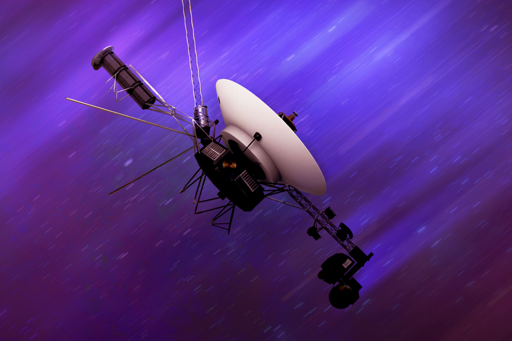 An artistic rendering of one of the Voyager probes flying through space.