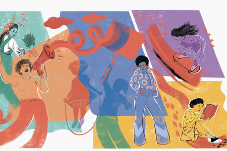 Illustration of women in their roles as a model, a skater, an activist, a gardener, a reader.