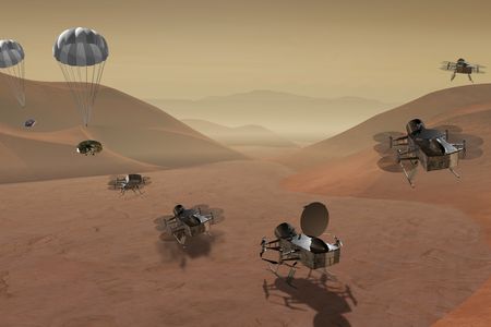Artists rendering of the Dragonfly craft exploring Titan