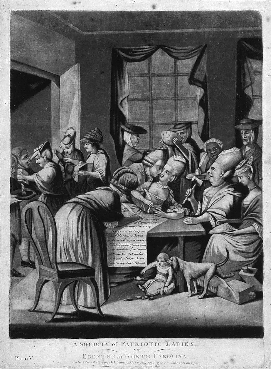 A 1775 cartoon satirizing the Edenton Tea Party, a group of American women who organized a boycott of English tea