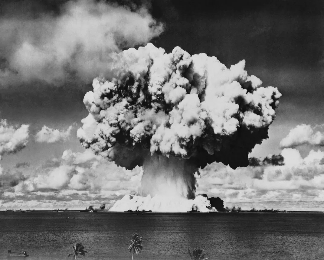 a mushroom cloud after the detonation of a weapon test near Bikini Atoll