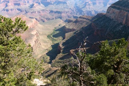 View of the Grand Canyon showing the Bright Angel Trail, which leads to Havasupai Gardens, formerly known as Indian Garden