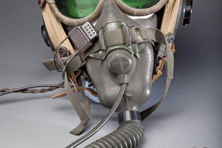 A Type A-13A oxygen mask and Polaroid goggles were worn with this helmet during many flights in 1944-1946. Made by Stefan A. Cavallo, a test pilot for the National Advisory Committee for Aeronautics (NACA).