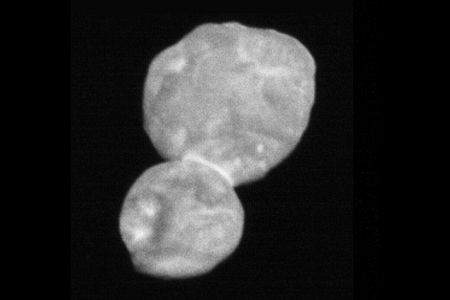 This image taken by the Long-Range Reconnaissance Imager (LORRI) is the most detailed of Ultima Thule returned so far by the New Horizons spacecraft. It was taken at 5:01 Universal Time on January 1, 2019, just 30 minutes before closest approach from a range of 18,000 miles (28,000 kilometers), with an original scale of 730 feet (140 meters) per pixel. 